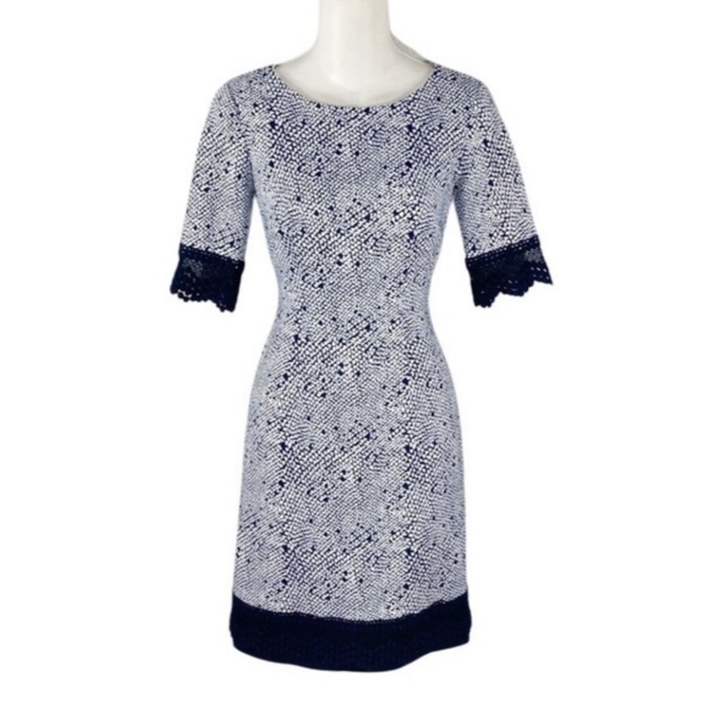 Antonio Melani navy white snake print scuba lace trim sheath dress